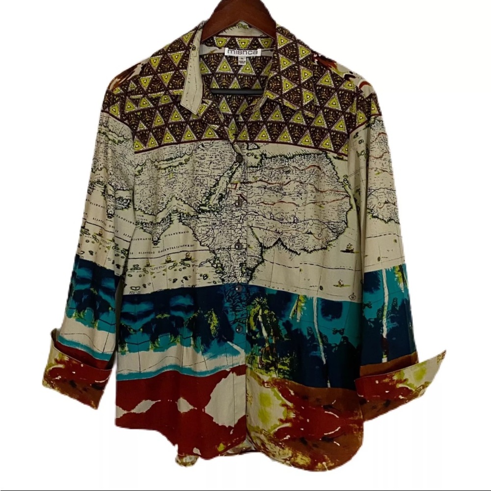 MISHCA Top Shirt Blouse Mixed Prints Map Turn Back Cuffs Sz XL